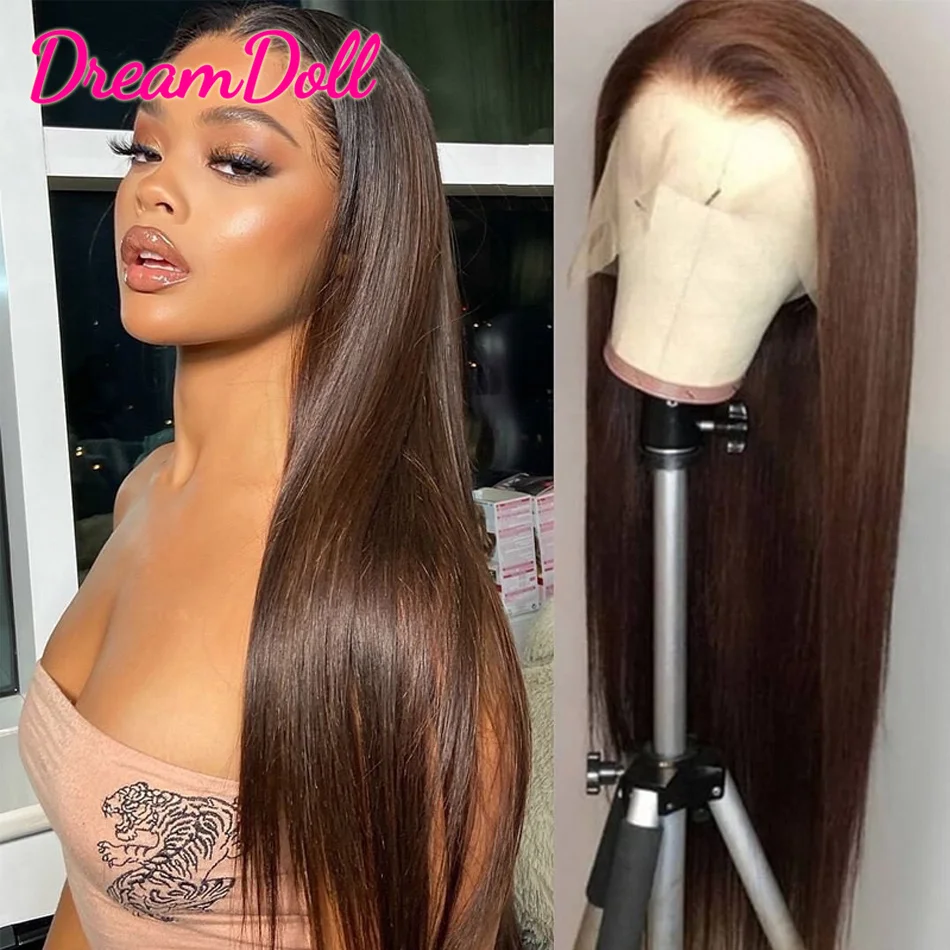 

Premium Chocolate Brown T part Lace Front Human Hair Wigs Bone Straight HD Transparent Lace Frontal Human Hair Wigs For Women