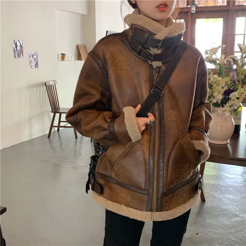 Lamb Coat Women's Autumn And Winter 22new Loose Thickened Zipper Solid Color Straight Fur One Motorcycle Clothing Leather Jacket