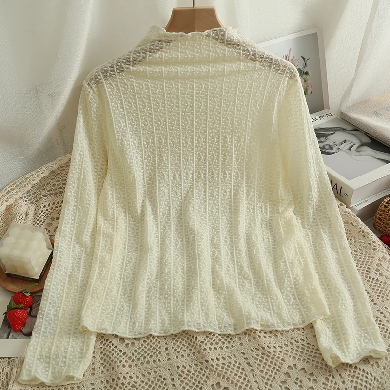

Женская кружевная прозрачная блузка с высоким воротником на весну и осень, милая корейская модная рубашка с длинным рукавом, элегантные баз...