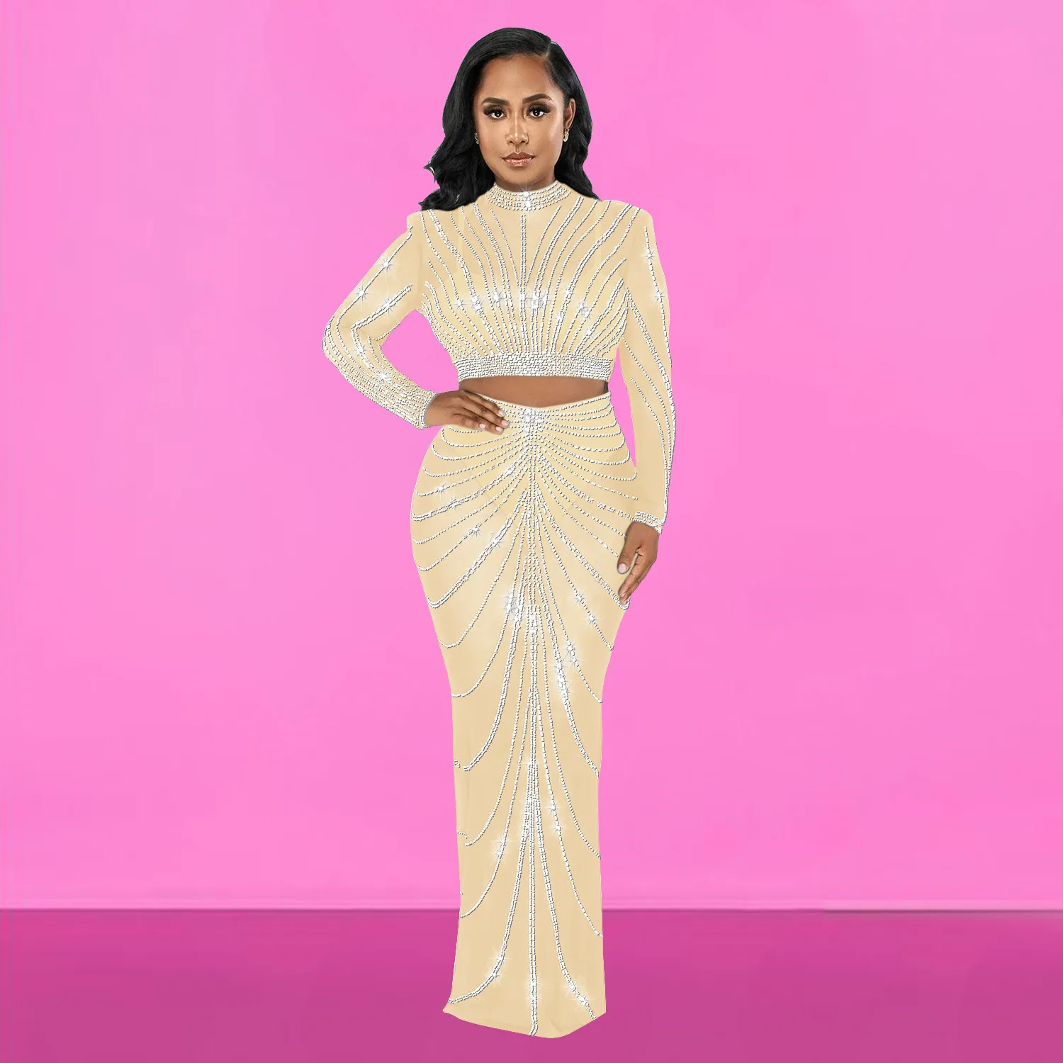 

Женский комплект из двух предметов с длинным рукавом, лоскутный Топ со стразами, Женский комплект, элегантное Сетчатое прозрачное длинное платье миди со стразами