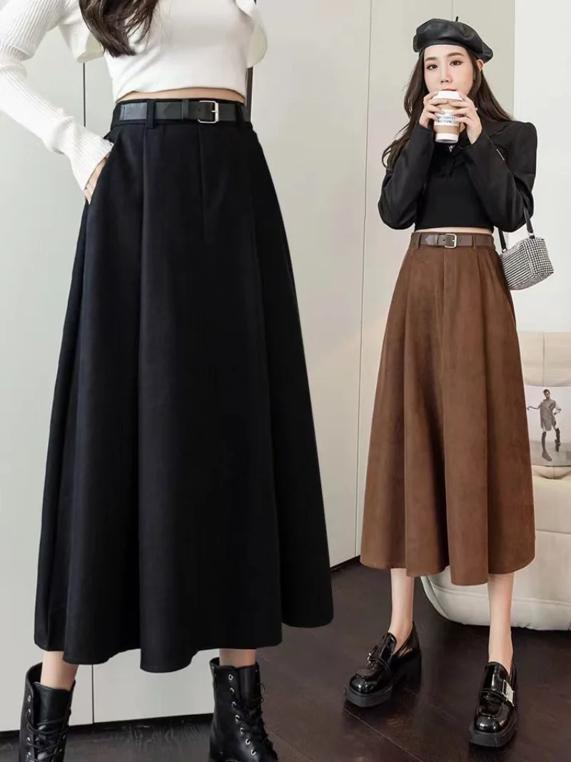 

Long Skirts Elegant Vintage Corduroy Women Skirt Retro Autumn Ladies Basic All-match Casual A-Line Elastic Pleated Skirts