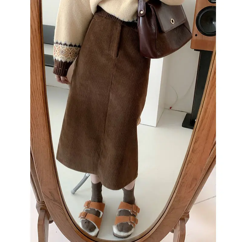 

2022 New Arrival Autumn Arts Style Women Loose Casual A-line Mid-calf Skirt All-matched High Waist Cotton Corduroy Skirts P464