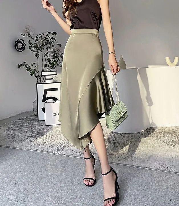 

Woman Summer Fashion Mid-calf Length Irregular Skirts Women's Casual Black/Green/Khaki Acetate Satin Silk Asymmetrical Skirt