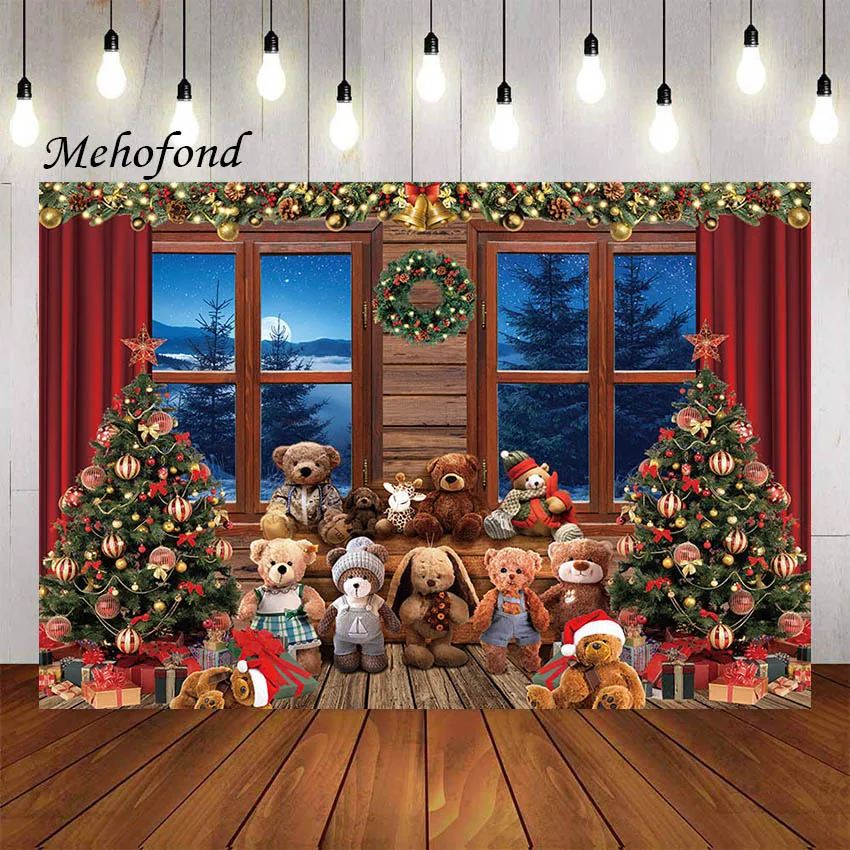 

Mehofond Photography Background Christmas Window Xmas Tree Toy Bear Gift Holiday Party Kids Portrait Decor Backdrop Photo Studio