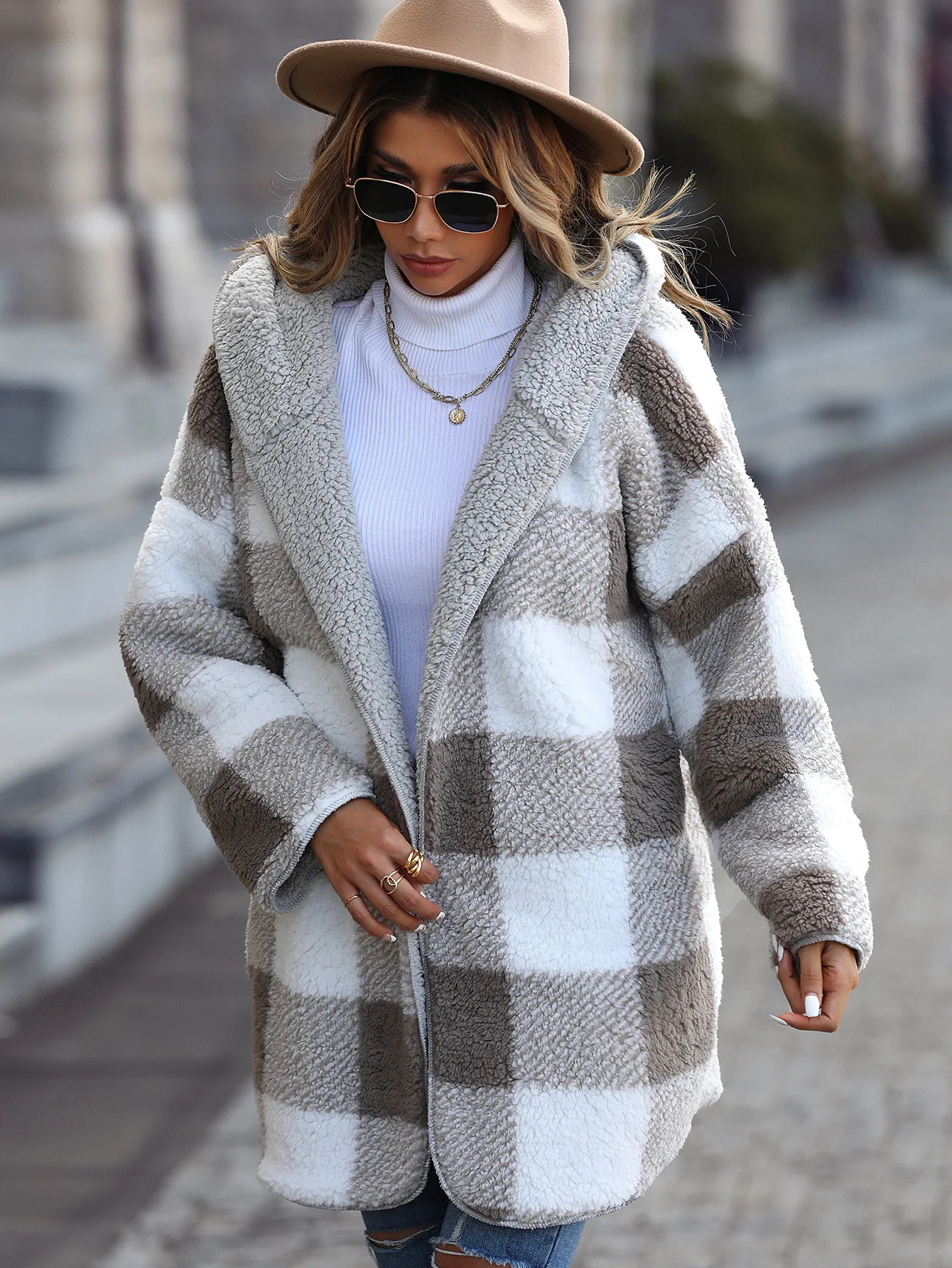 Fashion New Casual Plush Women's Hooded Regular Long Sleeve Loose Plaid Bubble Down Buckle Free Coat