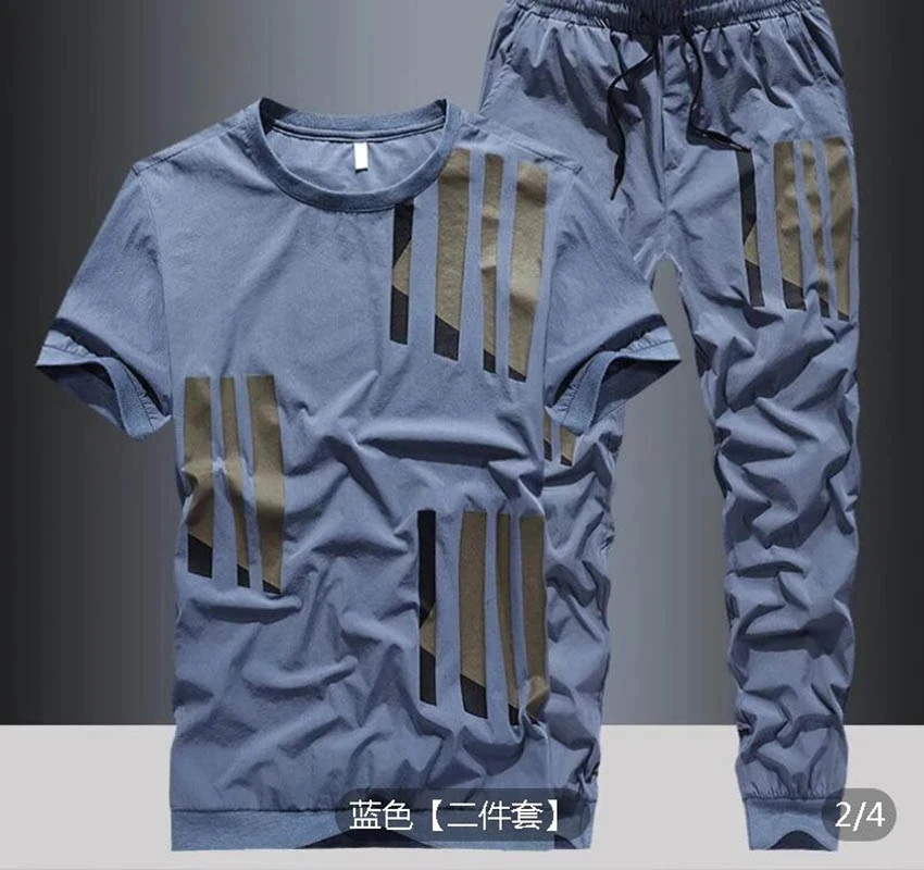 2023 Summer New Ice Silk Suit Male Summer Youth Fashion Brand Short Sleeve T-Shirt Male Loose Pants Casual Sportswear Male