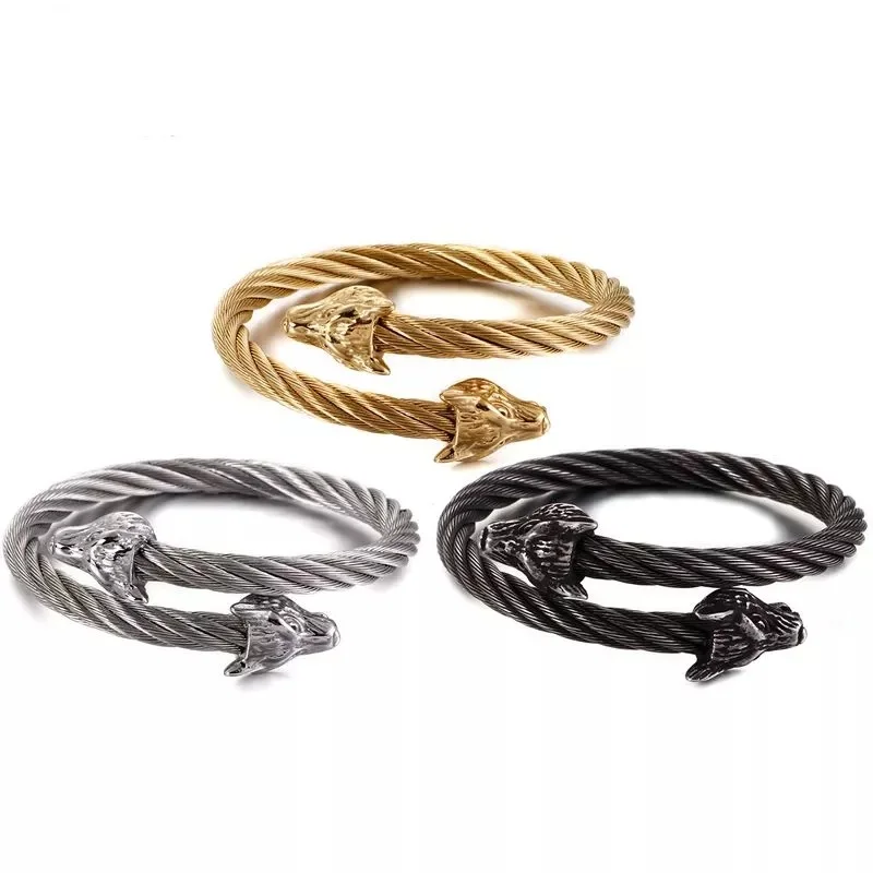 

Vintage Viking Wolf Men's Open Cuff Bangle Punk Stainless Steell Spiral Twisted Chain Bracelet Black Famous Brand Jewelry