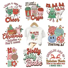 Cute Merry Christmas Patches Iron On Transfer For Kids Clothing Smile Face Coffee Heat Stickers On T-shirt Decals Diy Printing