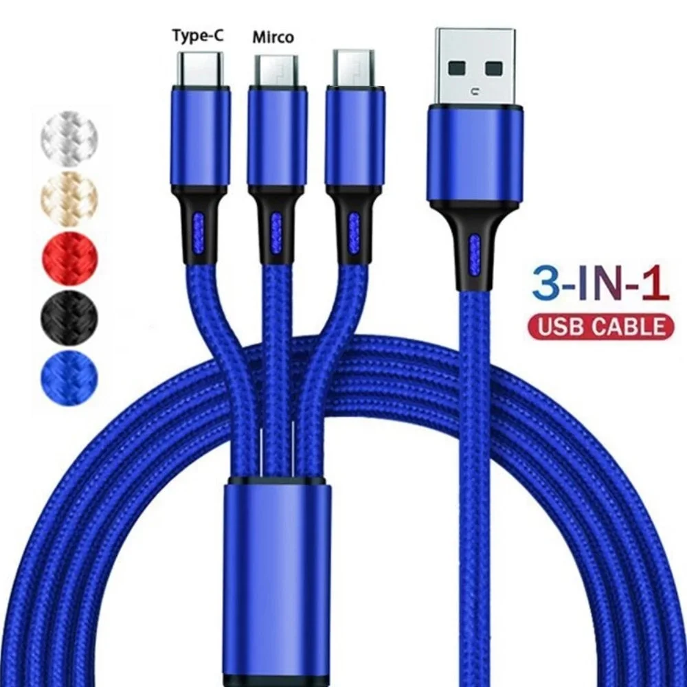 

100pcs 3in1 Universal Fabric Nylon Braided Type c Micro V8 Usb Charging Cable Wire For Samsung Htc lg Xiami Huawei Android phone