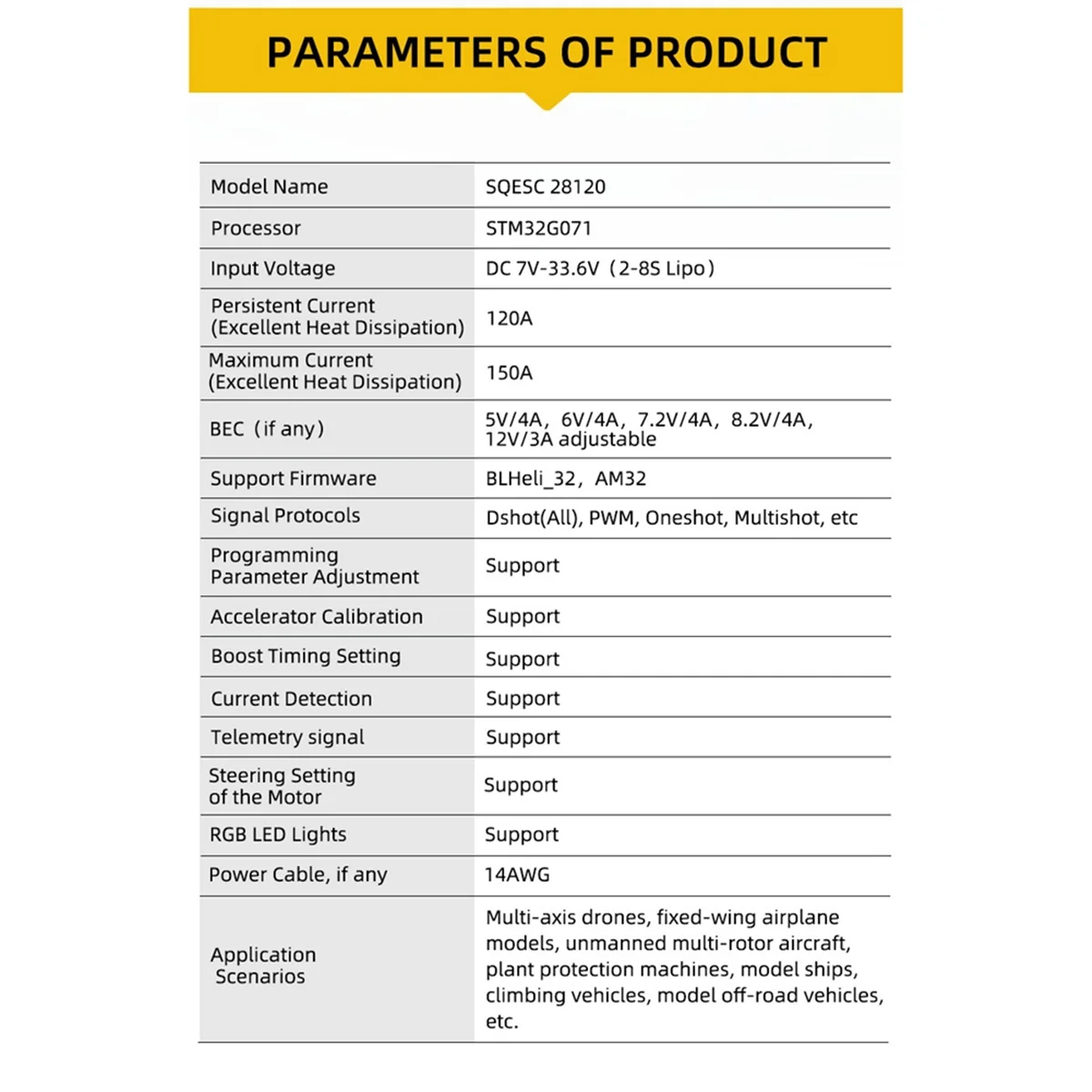 SEQURE 28120 Бесщеточный электрический регулятор скорости 2-8S 120A (BLHeli-32) Поддержка