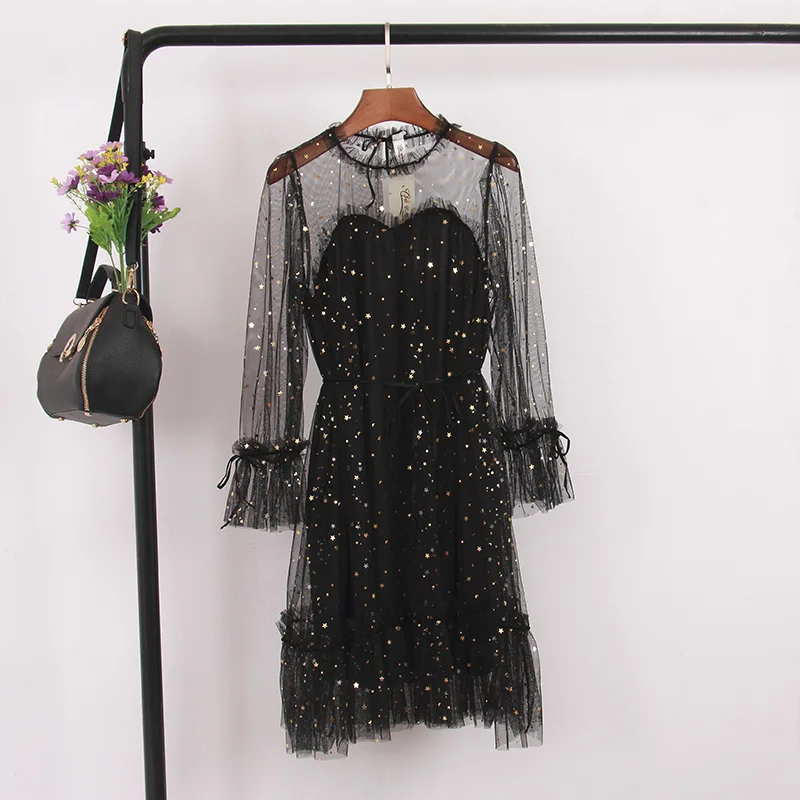 

Summer New Korean Temperament Waist Star Sequins Long-Sleeved Midi Dress High-Waist Mesh Perspective Off-Shoulder Dress Female