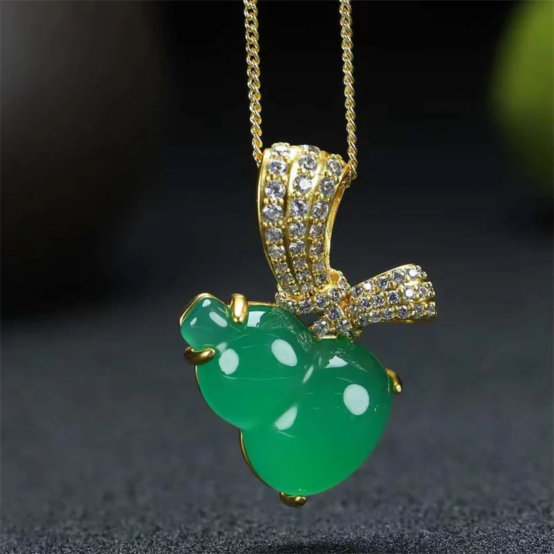 

Hot Selling Natural Hand-carved 925 Silver Gufajin Inlay Jade Gourd Necklace Pendant Fashion Jewelry Men Women Luck Gifts