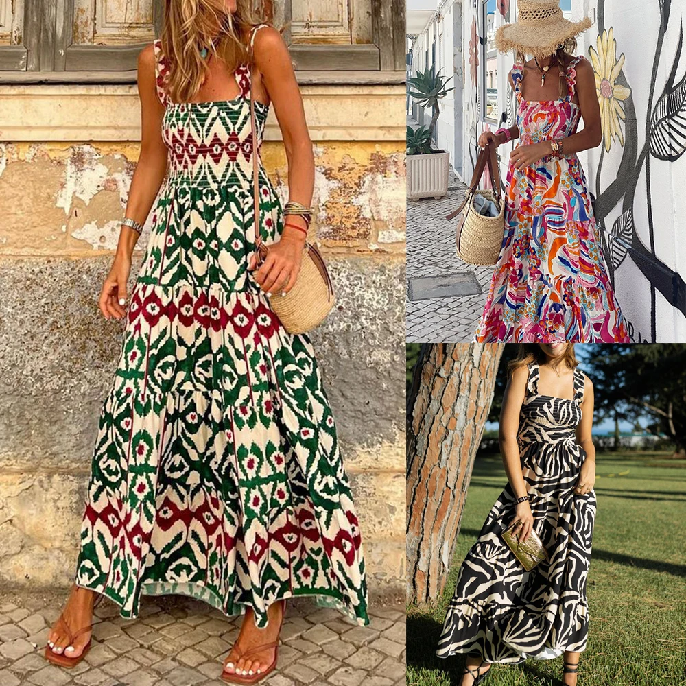 

2023 Europe And The United States Summer New Bohemian Beach Vacation Long Dress Printed Suspenders Hem Dragging Dress Female