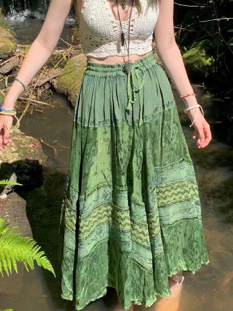 

90s Vintage Green Long Skirt For Women Aesthetic Graphic Print Hight Waist Bohemian Skirts Fairy Grunge Streetwear Ladies Skater