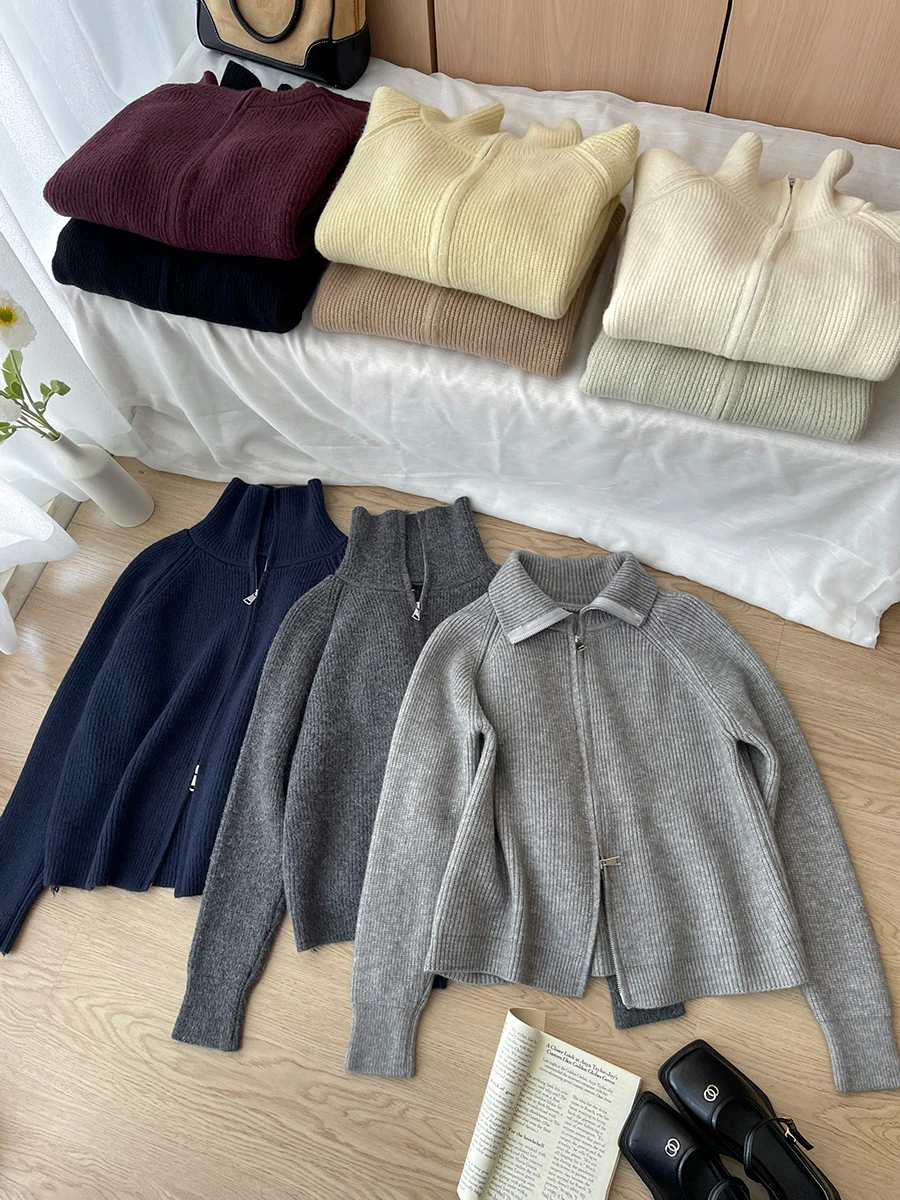 Японский и корейский простой ретро-свитер с двойной молнией воротником-стойкой в
