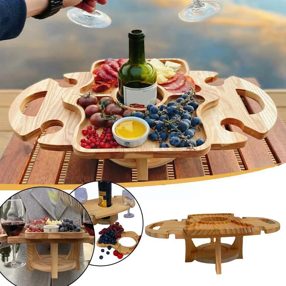 

Wooden Outdoor Folding Picnic Table With Glass Holder Round Foldable Desk Wine Glass Rack Collapsible Table For Garden Part C9c2