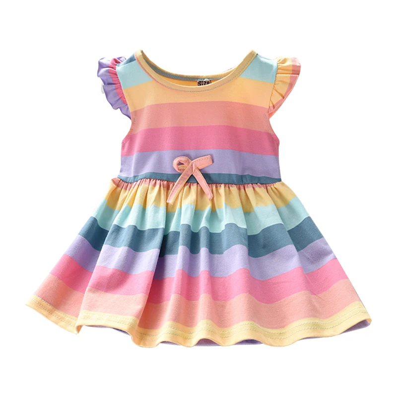 

Mini Car 2022 Baby Girls Dresses Summer Kids Color Short Sleeved Rainbow Stripe Vest Dress Flying Sleeve wings Dresses For Girl