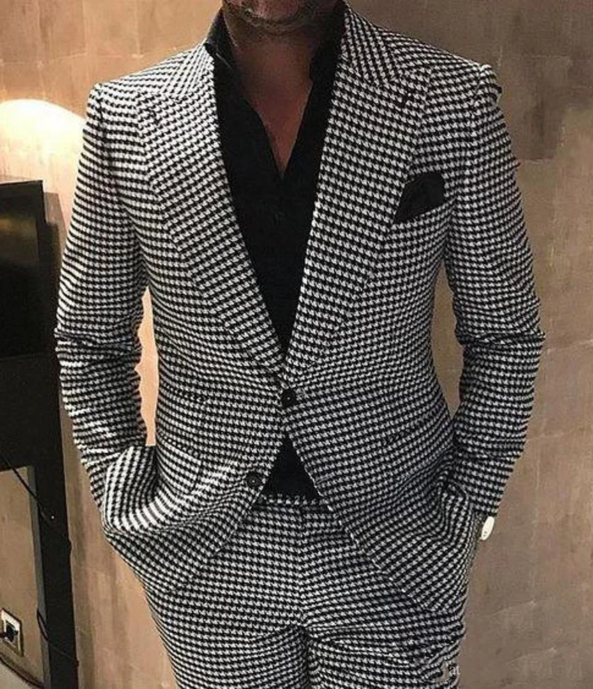 

Suits for Men White Black Houndstooth Tweed Business Retro Classic Pattern 2 Pieces Tailored Collar Wedding Prom Blazer Pants