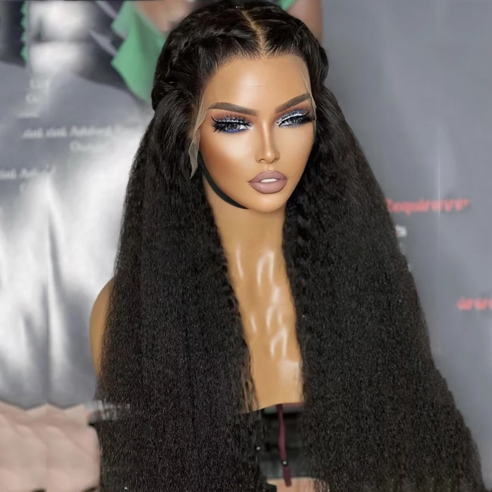Natural Soft 26“ Long Yaki Kinky Straight 180% Density Hd Transparent Lace Front Wigs For Black Women Pre Plucked With Baby Hair