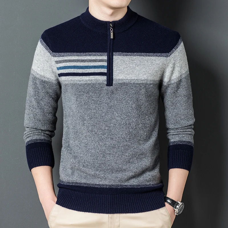 Man Clothes High Quality Pure Wool Sweater Stripe Thickening Zip-up Turtleneck Autumn Winter Men's Knitting Sweater