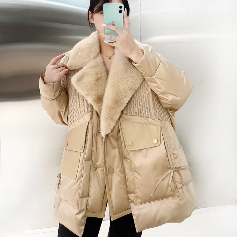 Autumn/Winter 2022 Goose Down Suit Woolen Collar Silk Silkworm Sheep Splicing Ladies Fashion Warm Casual Korean Style