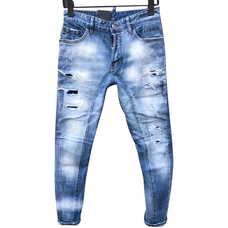 2023 New Starbags DSQ Slim Ripped Men's Jeans Fashion Micro Bounce small foot Paint Jeans for Men