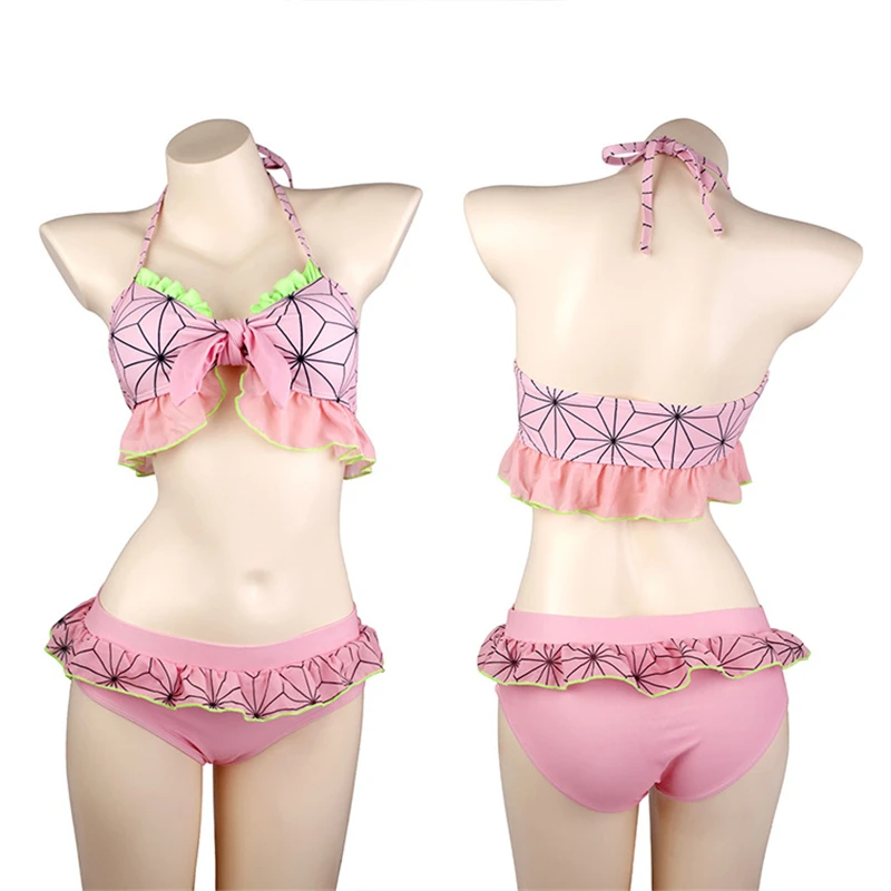

Demon Slayer Kamado Nezuko Cosplay Halloween Anime Game Summer Party Party Cos Dressup Carnival Split Bikini Two-Piece Set