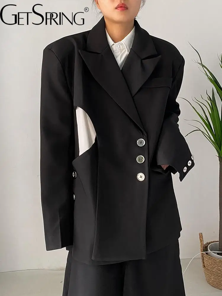 

GetSpring Женский блейзер с наполнителем, с вырезами на плечах, с длинным рукавом, женский черный костюм, пальто, необычный свободный Женский бле...