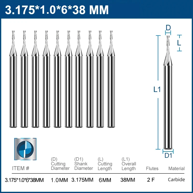 

Фреза XCAN, 10 шт., 3,175 мм (1/8 дюйма), 2 флейты, плоская концевая фреза, твердосплавная концевая фреза с ЧПУ для деревообработки