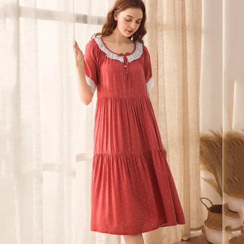 Spring Nightgowns for Women Cotton Floral Lace Short Sleeve Summer Comfort Nightdress New Spring Home Dressing Gown for Sleeping