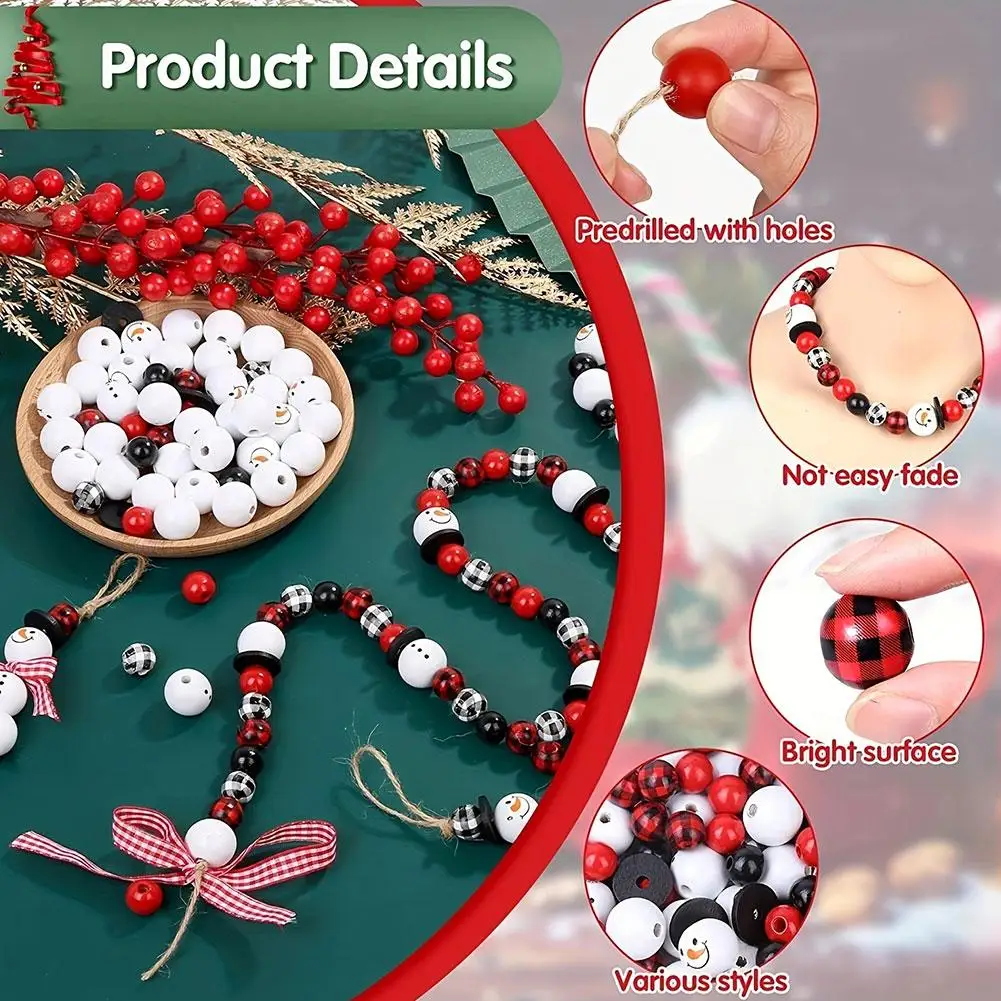 

Christmas Snowman Plaid Wooden Beads Kit Round Spacer Wood Bead for DIY Handmade Craft Garland Christmas Party Decor Suppli S2Z2