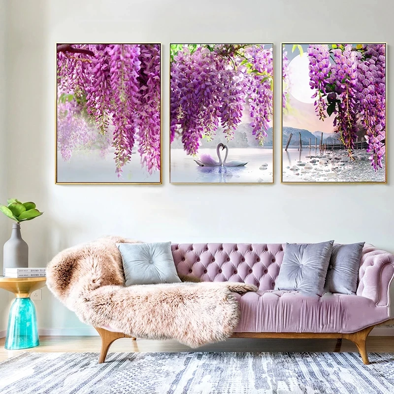 

Purple Flower Tree Swan Lake Landscape Picture Scandinavian Scenery Nature Canvas Wall Art Print Painting Nordic Decoation