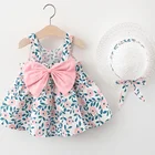 Летняя хлопковая повседневная одежда для маленьких девочек 2 шт., комплект из платья без рукавов с цветочным рисунком + шапки для детей 6 месяцев-3 года