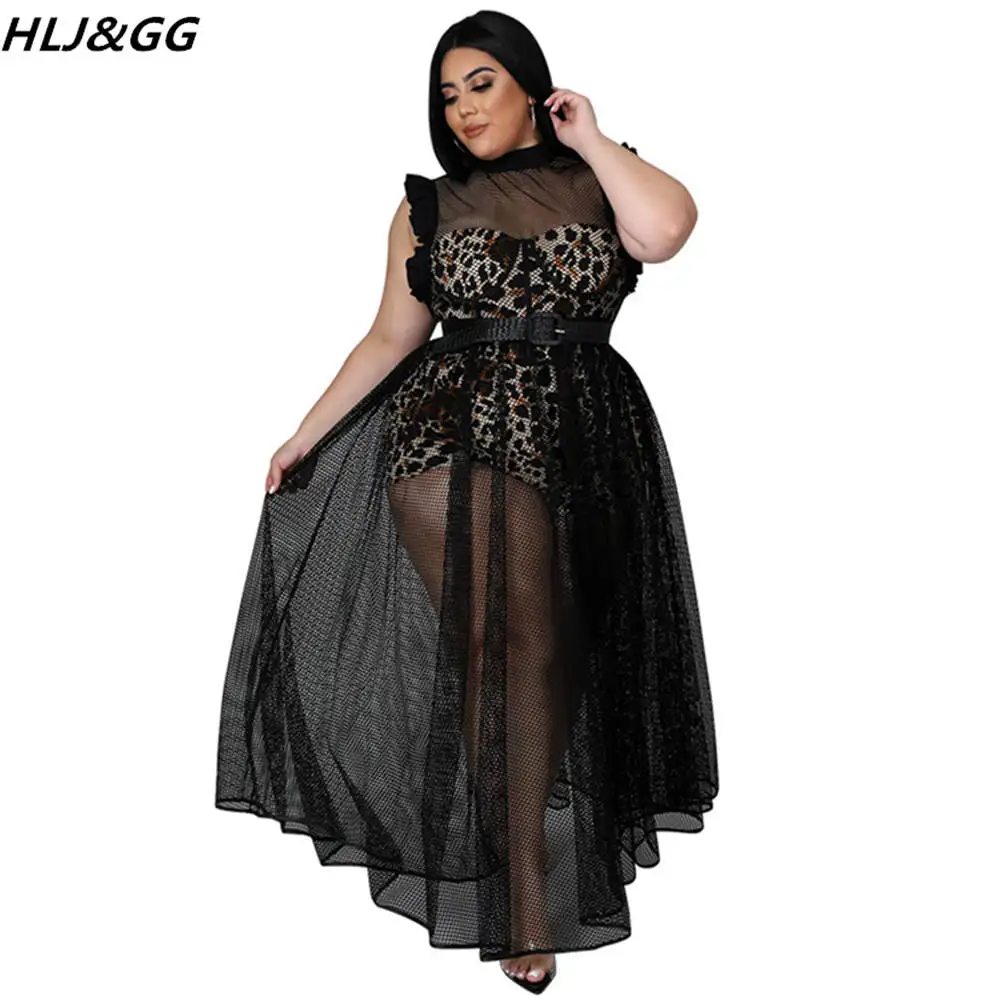 HLJ&GG Sexy Hollow Out Solid Dresses Plus Size Women Clothing XL-5XL Fashion Mesh Sleeve Belt Maxi Dress Vestidos Dropshipping