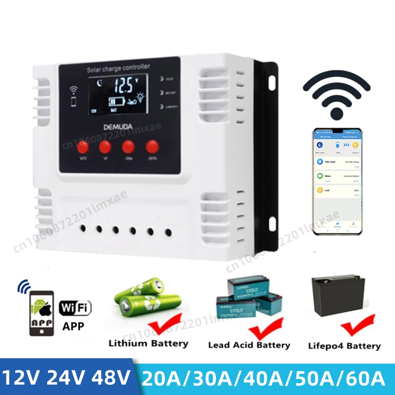 

Контроллер заряда солнечной батареи 40 А 60 А 12 В 24 в 48 в PWM PV регулятор Wi-Fi приложение монитор для свинцово-кислотной литиевой железо-фосфатной...