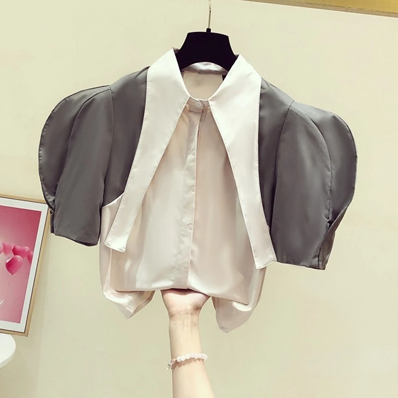 

Женская блузка с пышными рукавами, Повседневная универсальная короткая рубашка контрастных цветов с острым воротником, лето 2022