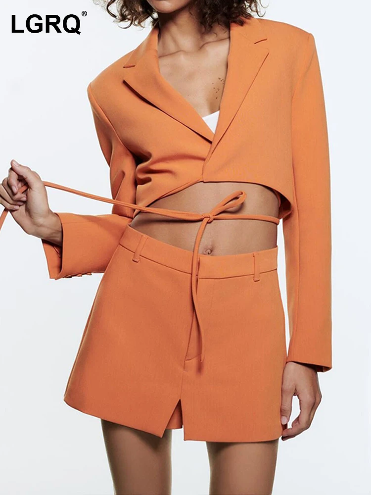 

LGRQ 2023 Autumn New Fashion Women's Solid Bandage Notched Long Sleeve Blazer High Waist Mini A-line Skirts Female Tide 19J1518