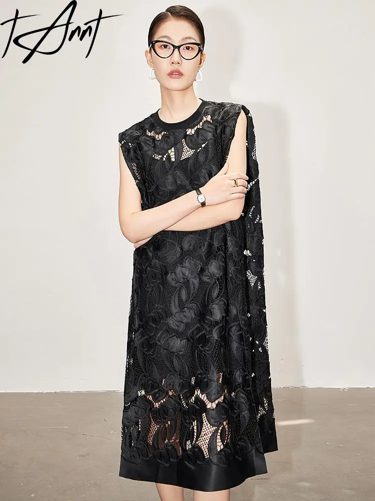 

Tannt Women Dress Embroidery Lace Perspective Black Vintage Dresses Sleeveless Hollow Out Long Summer Dresse Women 2023 New