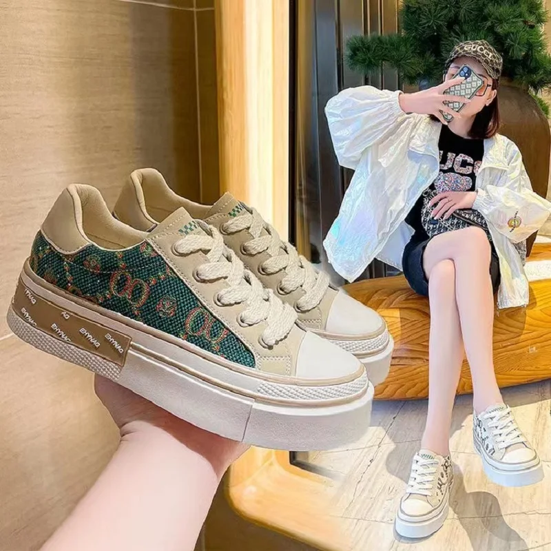 

2022 Spring New Women Walking Sneaker Comfortable Casual Shoes Female Height Increasing Canvas Fashion Thick Sole Shoes
