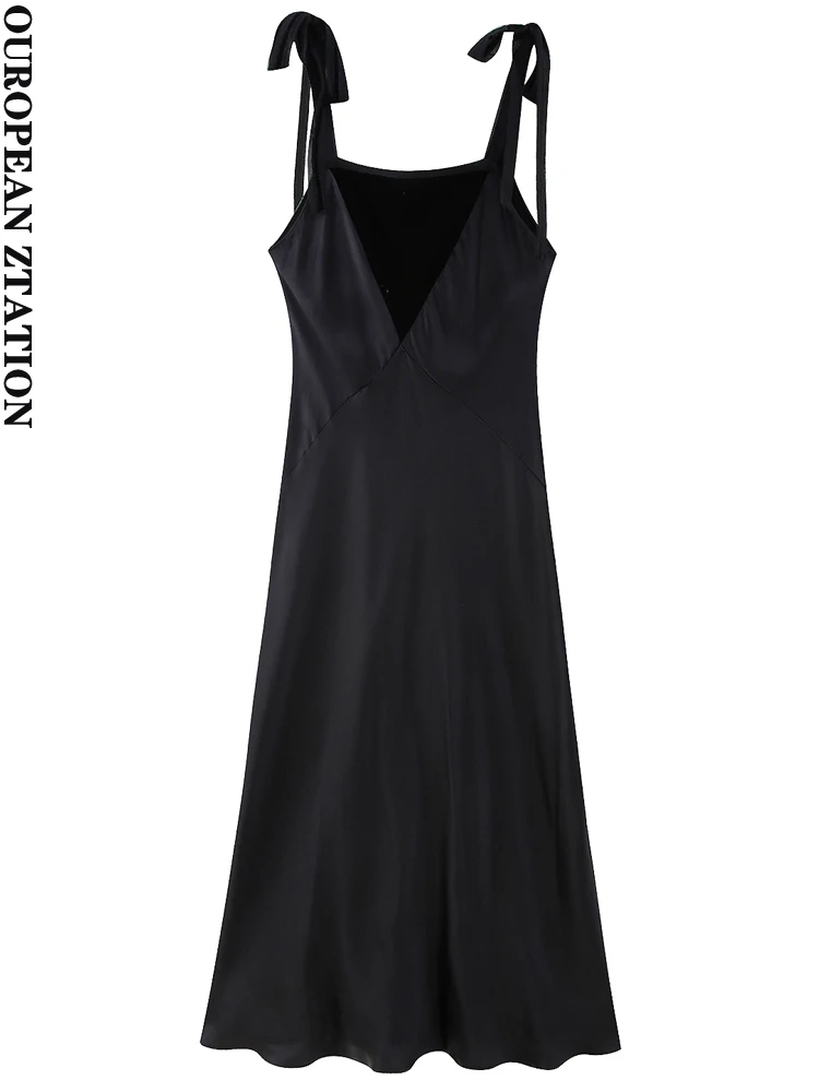 

PAILETE Women 2022 fashion with tied patchwork satin midi dress vintage straight neck thin straps female dresses vestidos mujer