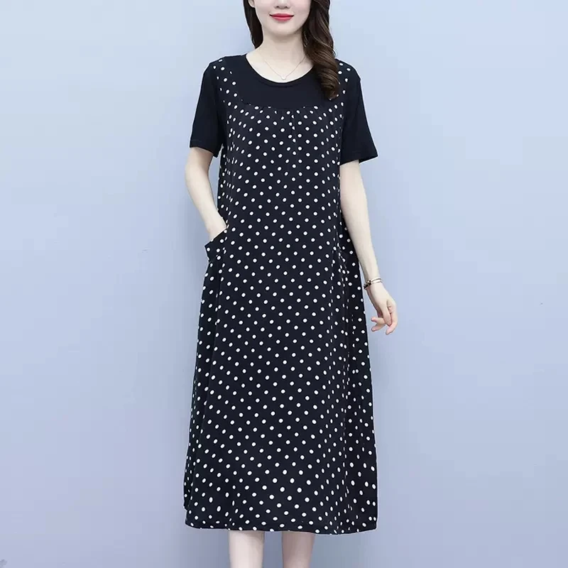 

2023 New Elegant middle-aged mother Fake two-piece Dresses Womens Clothing Summer Dresses Short Sleeve Dot Chiffon Dress AC190