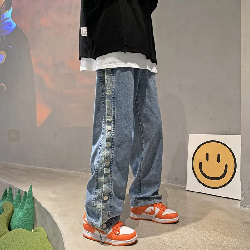 summer Side Buttons Jeans Men Harajuku Loose Classic Trousers Denim Straight Casual Streetwear Large Size S-3XL College Students