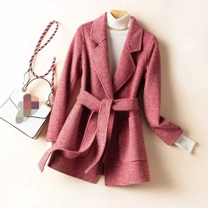 100% Double-sided WoolAutumn Winter Women Temperament Commuter Suit Jacket French Business Elegant Houndstooth Woolen Coat