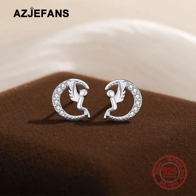 Фото Серьги-гвоздики AZJEFANS из серебра 925 пробы с муассанитом в виде ангелочка и луны, изысканное ювелирное украшение, подарок. №5