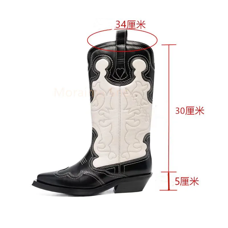 Chunky Heel Knight Boots Embroidery Stitching Leather Boots Women Knee High Boots Western Cowboy Boots All-Match Ladies Shoes