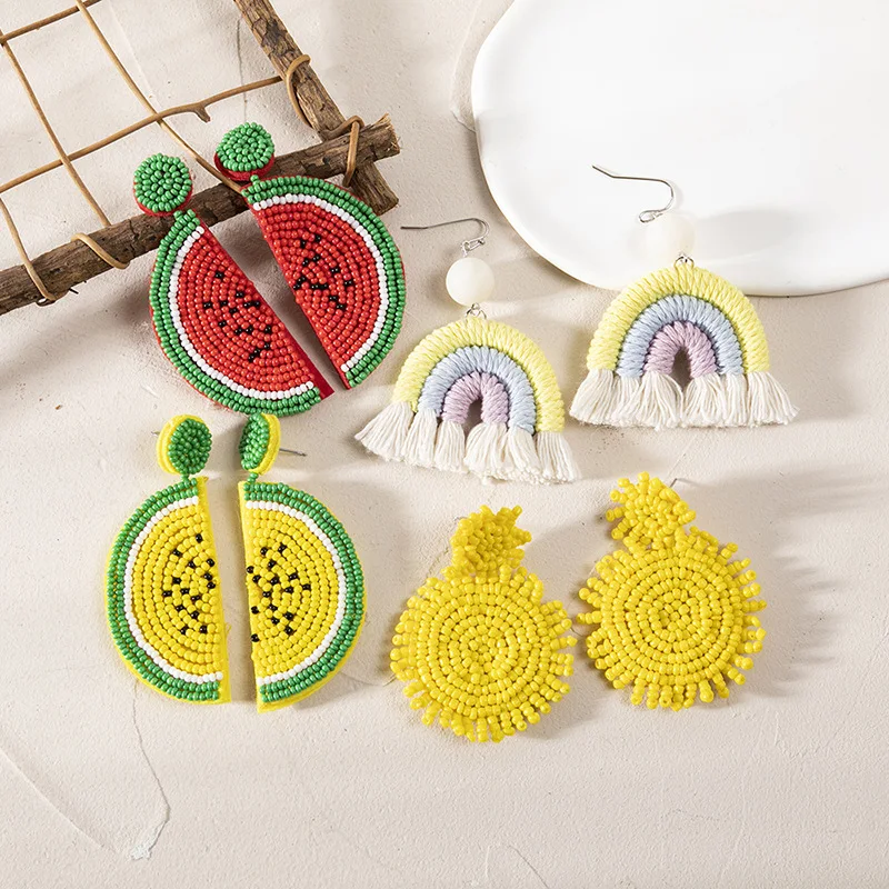 

New Summer Rice Beads Fruit Round Earrings Ladies Personality Watermelon Pendant Earrings Girls Party Gift Jewelry