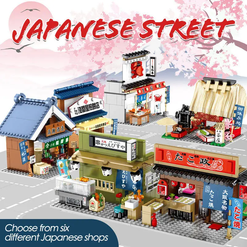 

New City Mini Japanese Tavern Street View Food Shop Barbecue Store Teahouse Model Building Blocks Gifts Toys For Boys Children