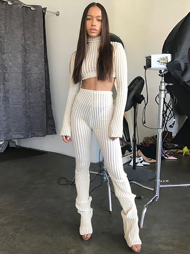 Taruxy Casual Outfits Women Autumn Two Piece Sets Rib Long Sleeve Tops High Waisted Long Pants Suit Matching Tracksuit 2 Piece