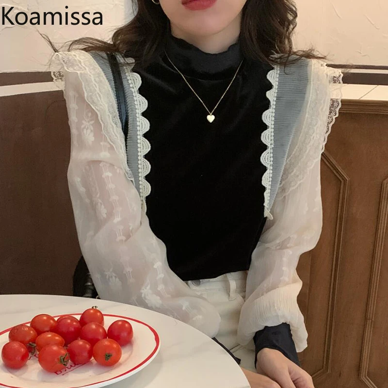 

Koamissa Lace Women Fashion Retro Blouse Long Sleeves Half Turtleneck Mesh Shirt Office Lady Elegant Pullover Blusas Spring 2022