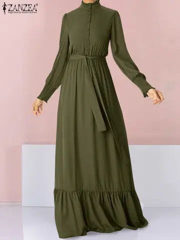 ZANZEA Autumn 2023 Women Vintage Long Dress Casual Long Sleeve Turtleneck Maxi Dress Fashion Belted Shirring Cuff Vestidos Mujer